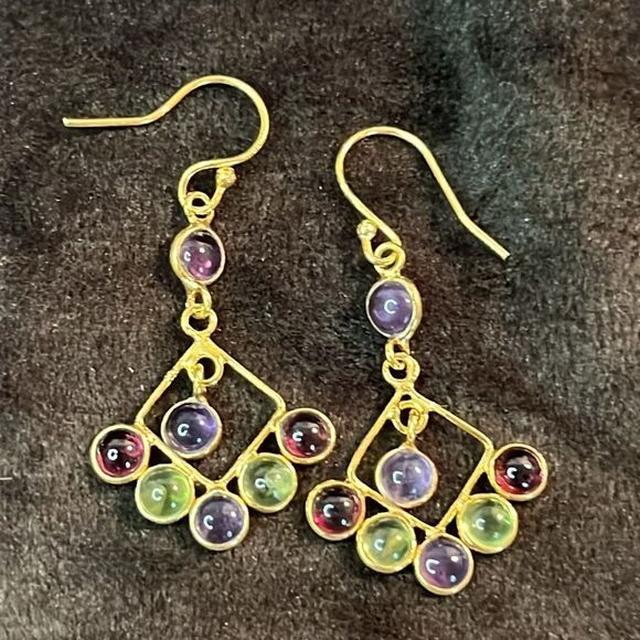 Multi Gemstone, Amethyst, Peridot, Garnet Gold over Silver Dangle Earrings - Picture 2 of 10